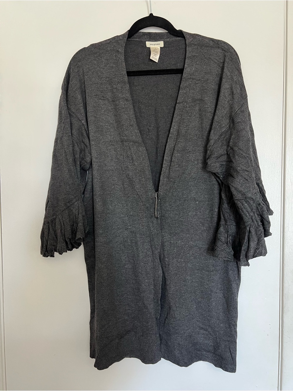 Max Studio Charcoal Open-Front Ruffle Sleeve Cardigan
